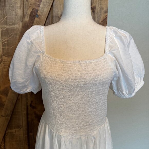 White Smocked Puff Sleeve Open Back Midi Dress - Size XL - Picture 5 of 9